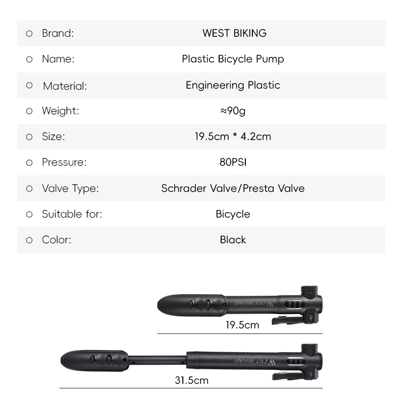 WEST BIKING Pompa per bici portatile Mini 80PSI Pompa a mano per bicicletta per valvola Schrader/Presta Gonfiatore MTB Accessori per bici da strada