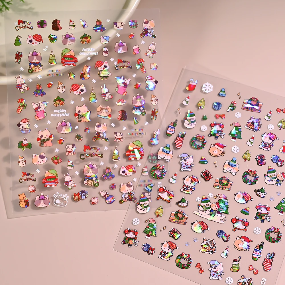 12 unids/set de pegatinas para uñas con diseño de oso/gatito de Navidad, efecto de cristal láser 5D, pegatinas para uñas con copos de nieve y árbol de Navidad, decoración navideña DIY