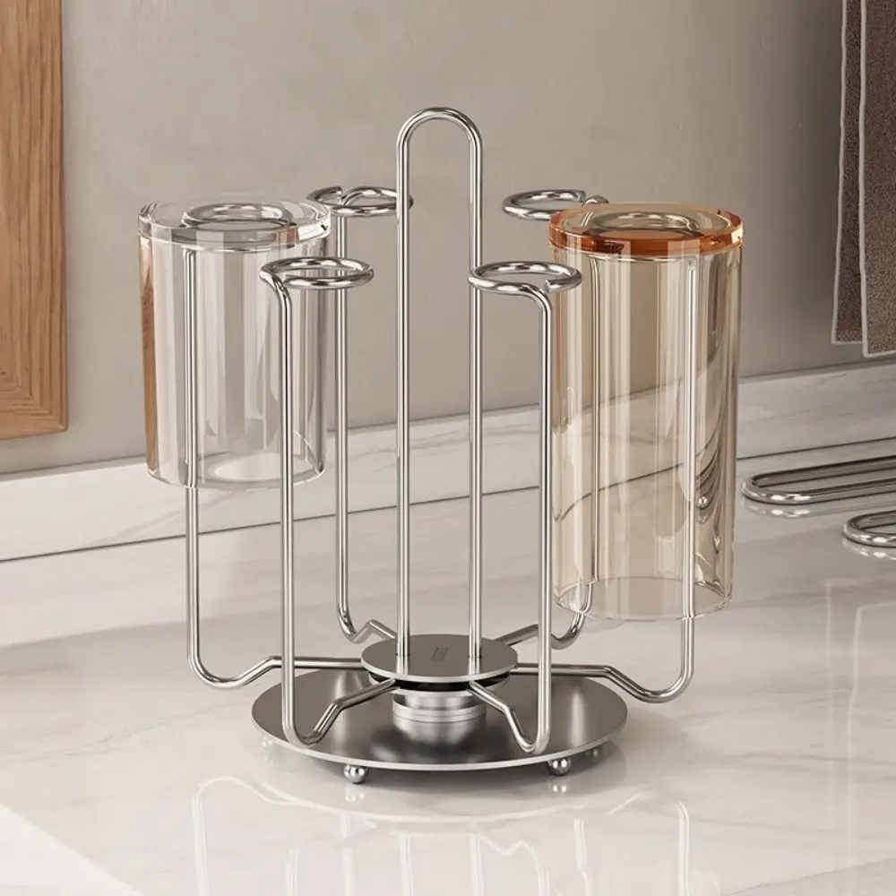 

Stainless Steel Rotating Cup Holder Upside-Down Saving Space Glass Cup Storage Rack Large Capacity with Tray Cup Organizer