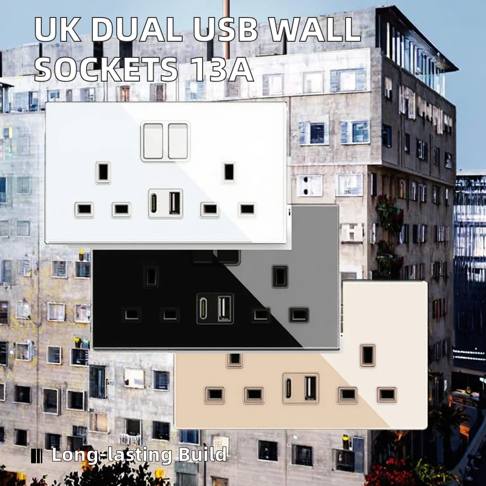 5 pièces norme britannique 13A prise murale Double commutation USB C Ports de charge 2 AC 15A utilisation industrielle prises de courant électriques en plastique 2