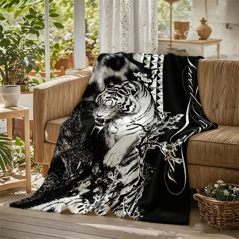 Tiger Cherry Blossom Black Flannel Blanket Perfect for Sofa Office Bed Travel Sleep Read Relax Camping Four Season Use