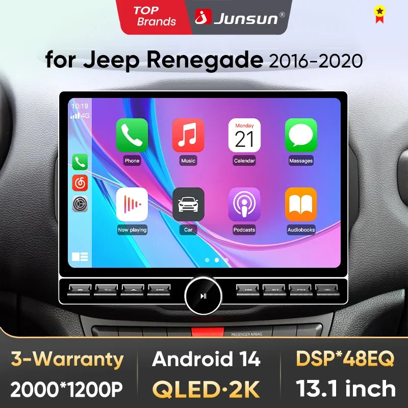 Junsun 13.1 "autoradio pour Jeep Renegade 2016 2017 2018-2020 sans fil Carplay autoradio multimédia GPS stéréo 8 cœurs 4G DSP