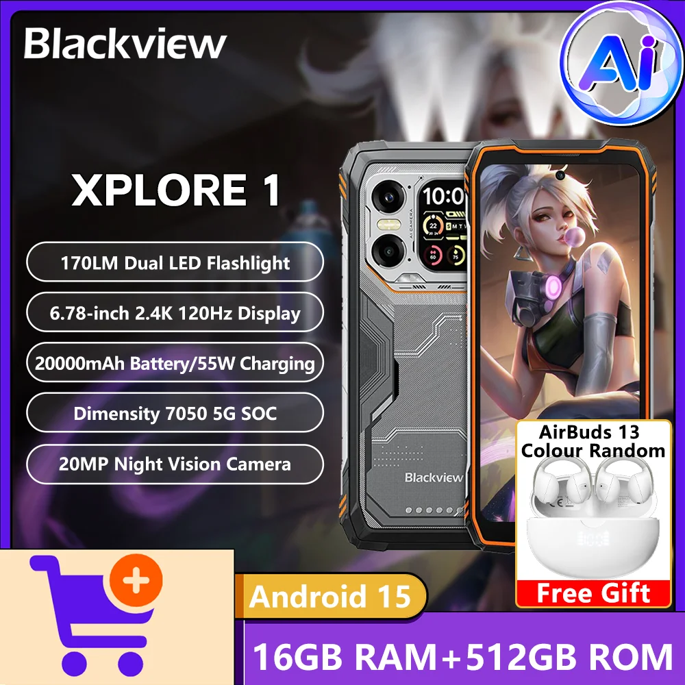 Blackview XPLORE 1 5G AI Rugged Phone 6.78-inch 2.4K 120Hz 170LM Dual LED Flashlight Dimensity 7050 5G 20000mAh 55W Charging