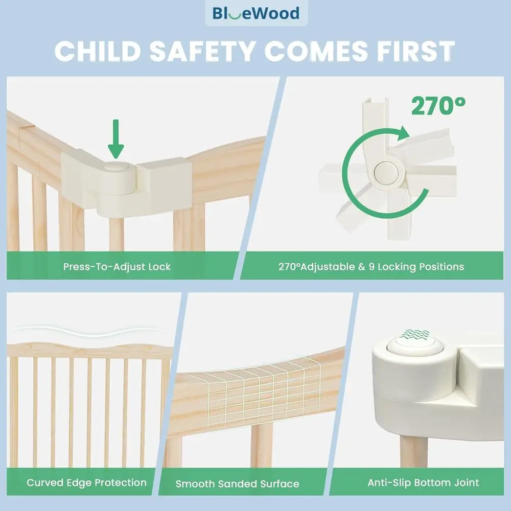 روضة أطفال خشبية قابلة للطي - ساحة لعب خشبية قابلة للتعديل وآمنة للأطفال مع قفل، سياج داخلي 8 ألواح للرضع والأطفال الصغار