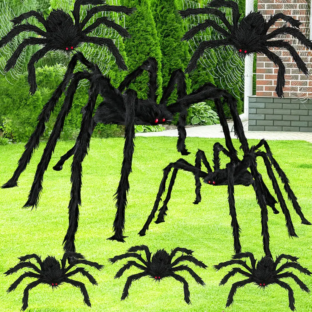 Giant Fuzzy Black Spider Halloween Ornaments Realistic Creepy Props For Outdoor Garden Lawn Patio Holiday Party Decor Items