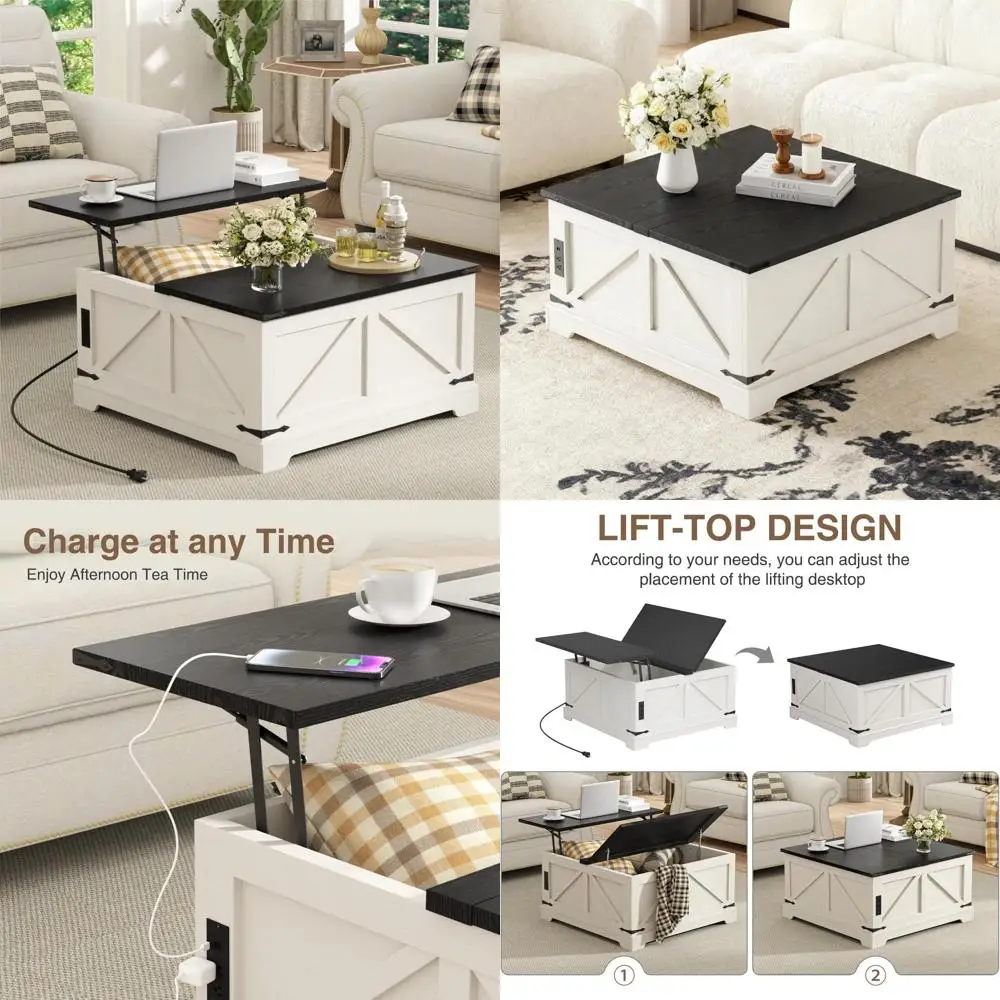Couchtisch mit Stauraum, 31,5 W Farmhouse Lift Top Holz quadratischer Mitteltisch mit Ladestation, rustikale Cocktailtische mit