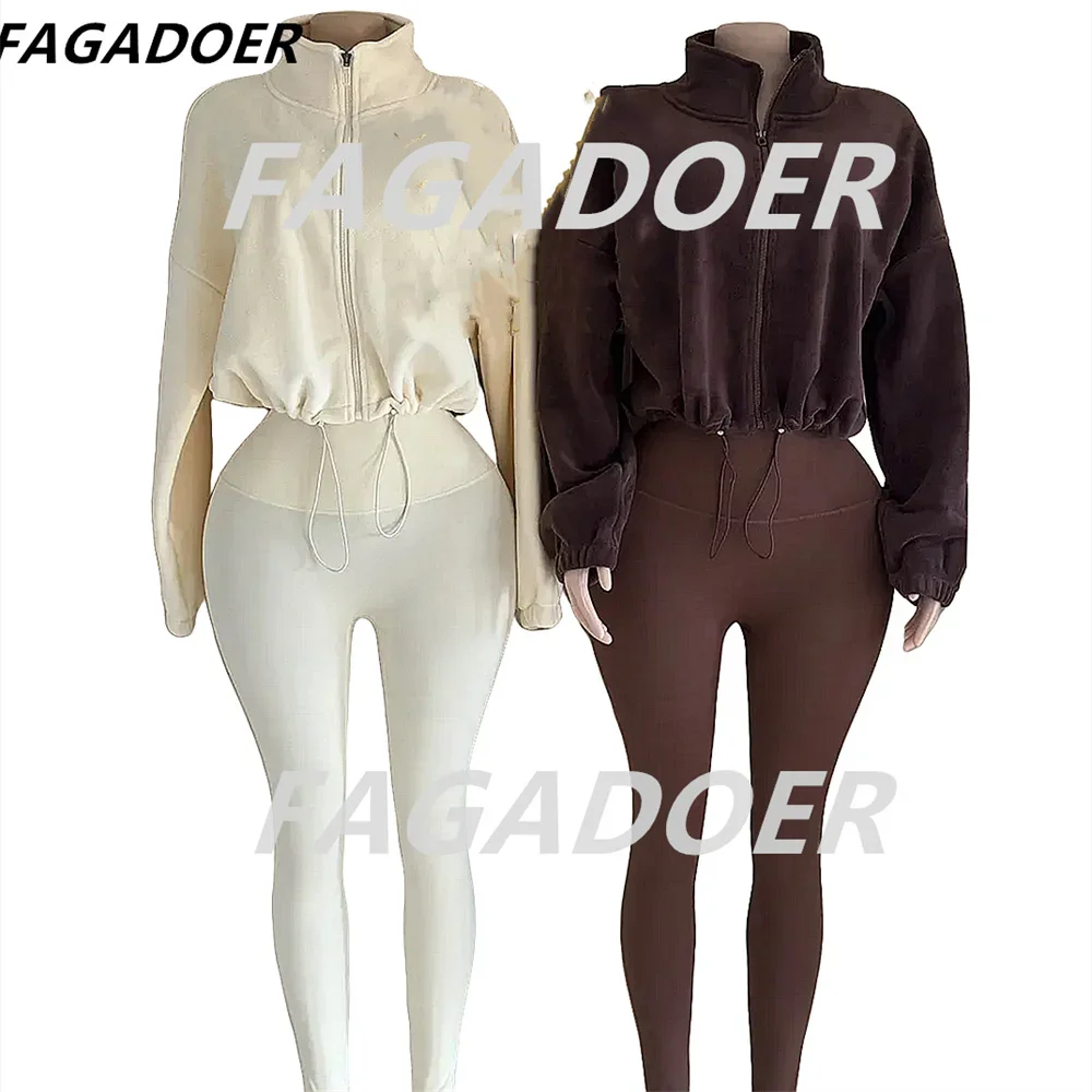 FAGADOER High Quality Women Sporty Outfits Autumn Winter Fleece Fur Zipper Crop Top And Leggings Pants Two Piece Sets Tracksuits