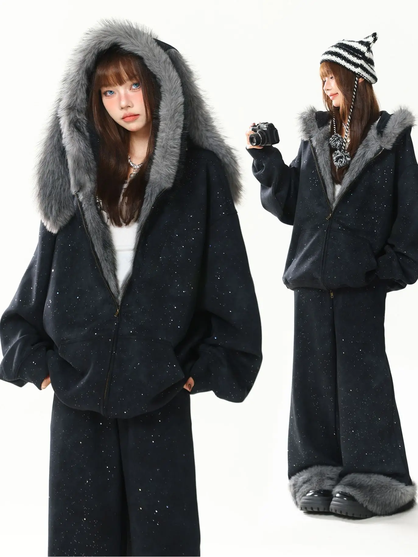 

Thickened Fleece Hooded Sweatshirt And Pants Set Women's Casual Loose Two-Piece Suite Autumn Winter Warm Polyester Fiber