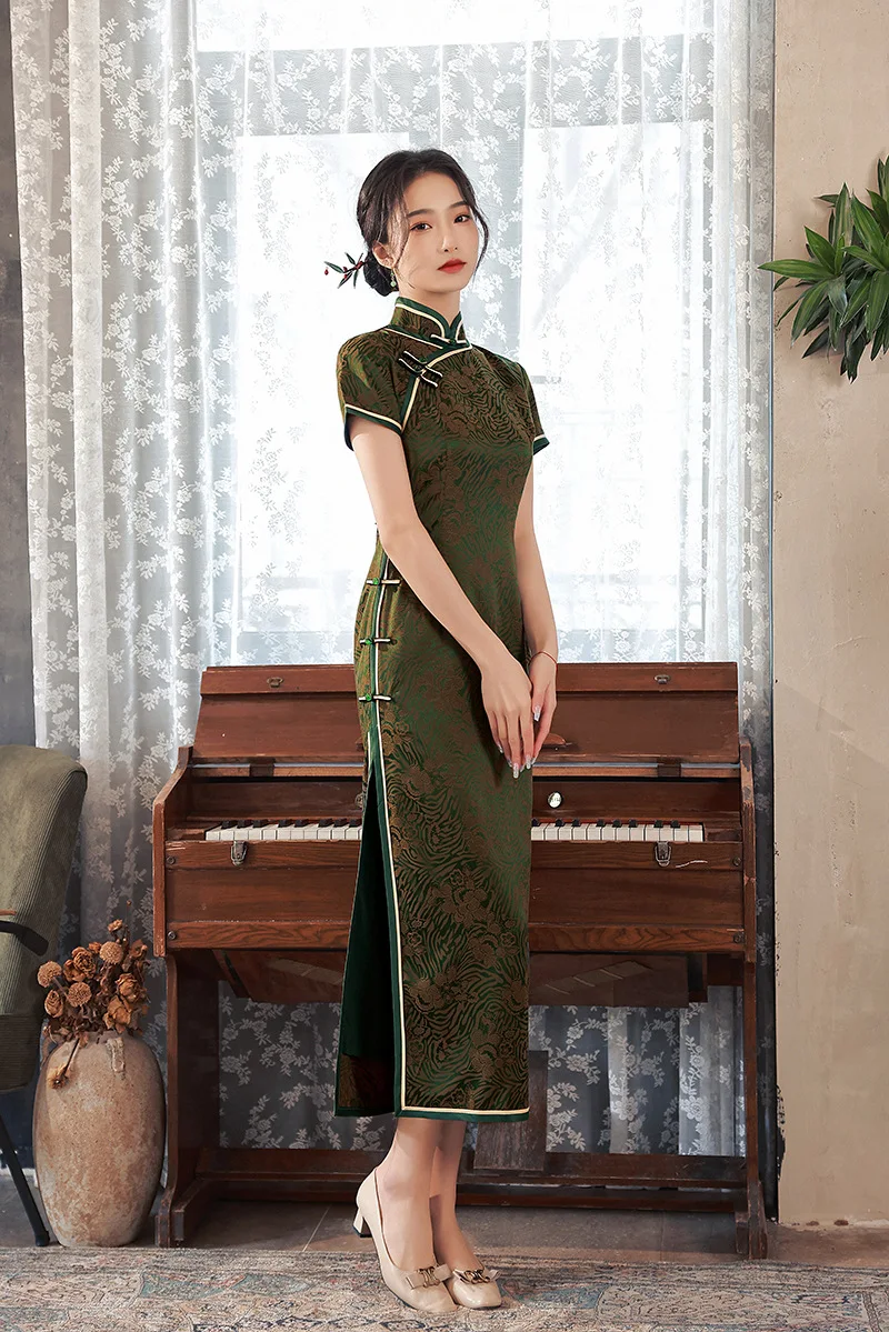 Yourqipao Chinese Women Cheongsam Autumn New Green Slim Long Traditional Evening Dresses Vestidos Para Mujer Elegantes Y Bonitos