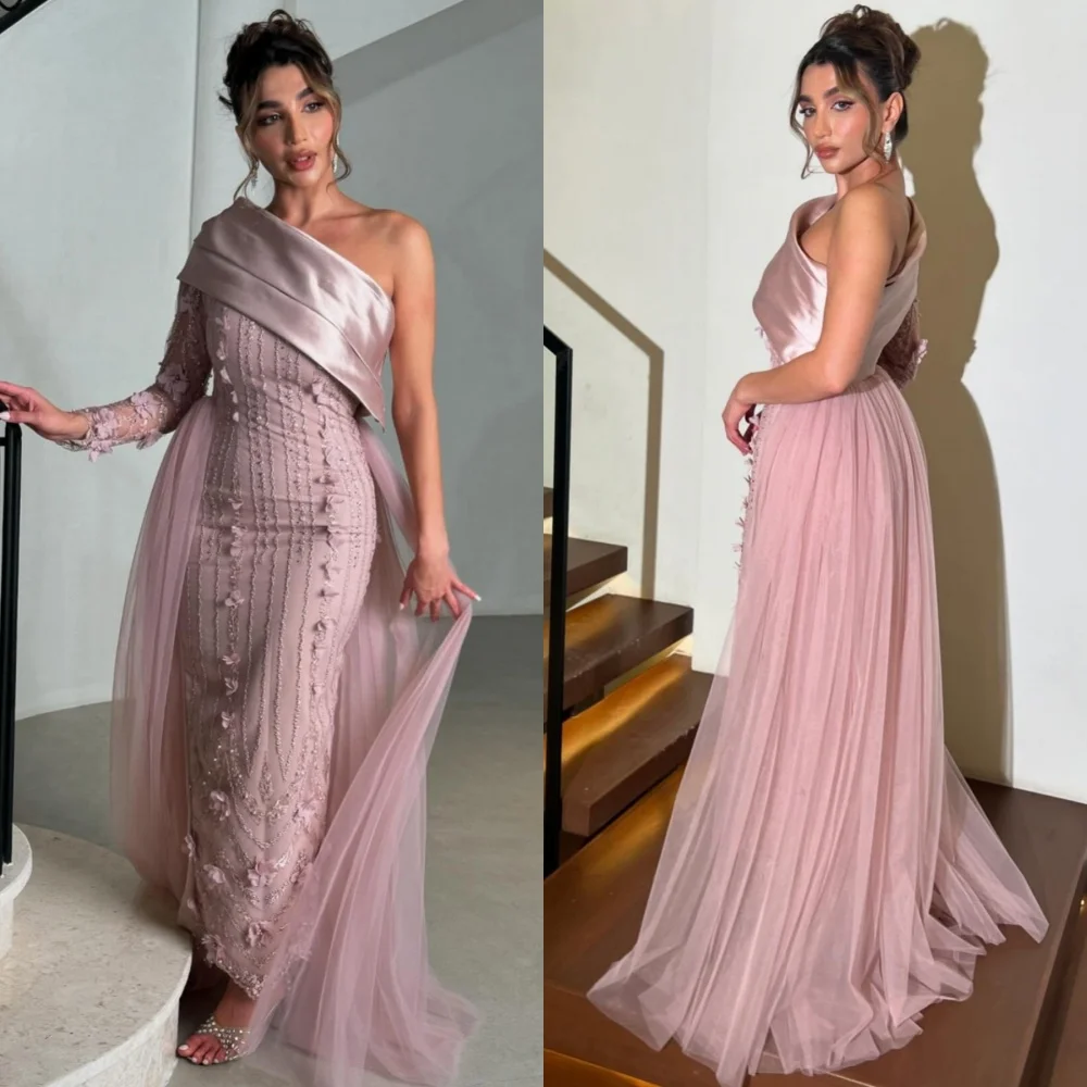 

Customized High Quality Net Sequined Pleat Straight One-shoulder Midi Dresses Bespoke Occasion Formal Retro