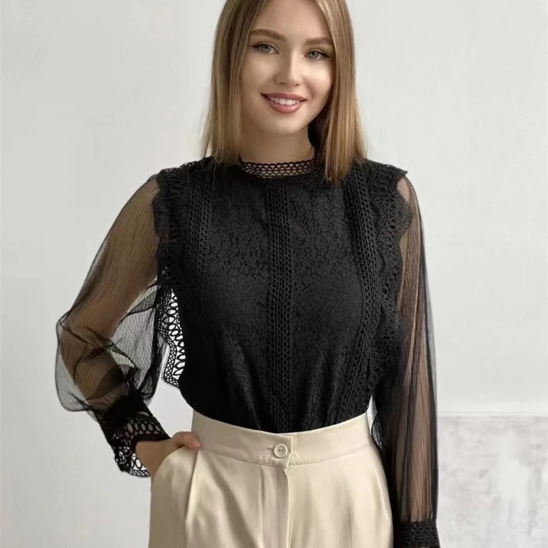 

Элегантная однотонная сетчатая кружевная блузка для женщин, новинка 2024, модные повседневные топы с длинными рукавами и пышными рукавами, круглым вырезом