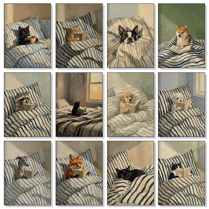 Póster de Perro, Zorro y Mapache Leyendo un Libro en la Cama, Cuadro de Gato Negro Bebiendo Café, Impresión Artística en Lienzo, Decoración para el Hogar