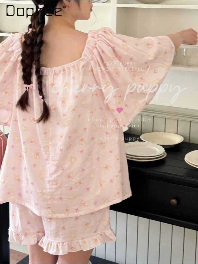Lotus Leaf Neck Flare Sleeve Cartoon Printed Sleepshirts For Girl Double Layer Comfortable Sleepwear Nightgowns Women Homewear