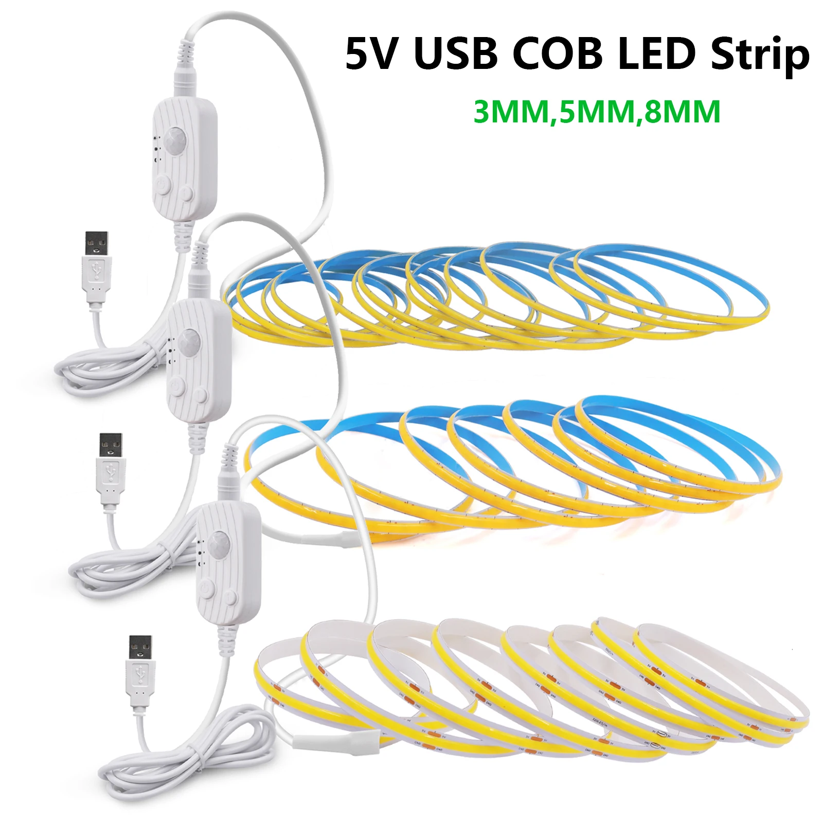 PIR Motion Sensor LED Strip 320LEDs/M tira led COB 3mm 5mm 8mm 5V USB Powered COB Tape Kitchen Cabinet Light Stairs Lamp