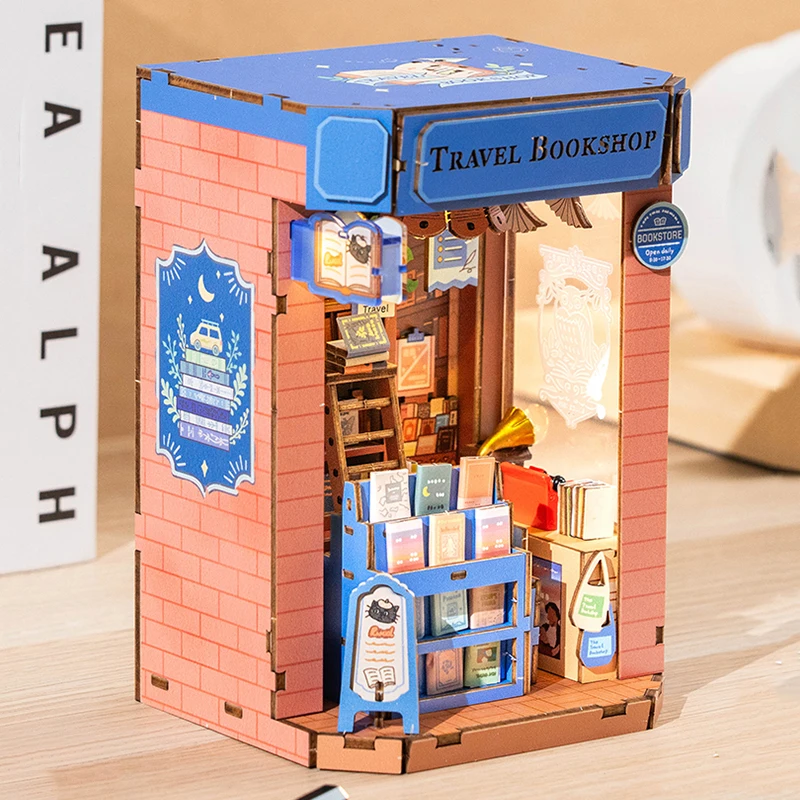 DIY Holz-Buchecke, Regaleinsatz, Reise-Buchhandlung, Buchstütze, Miniatur-Modellbausätze mit Licht für Freunde, Geburtstagsgeschenke