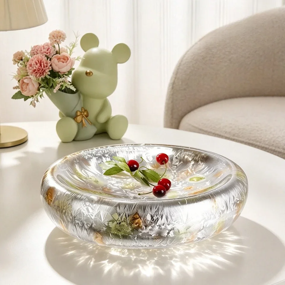 Silver Ice Flower Fruit Plate Circular Tray Glass Handicraft Desktop Storage Container Trays Decorative Jewelry Dish Trinket