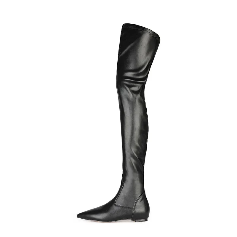 

Arden Furtado Fashion Pointed Toe Side Zipper Flat Bottom Over The Knee Boots Elastic Skinny Extra Long Black Boots For Women