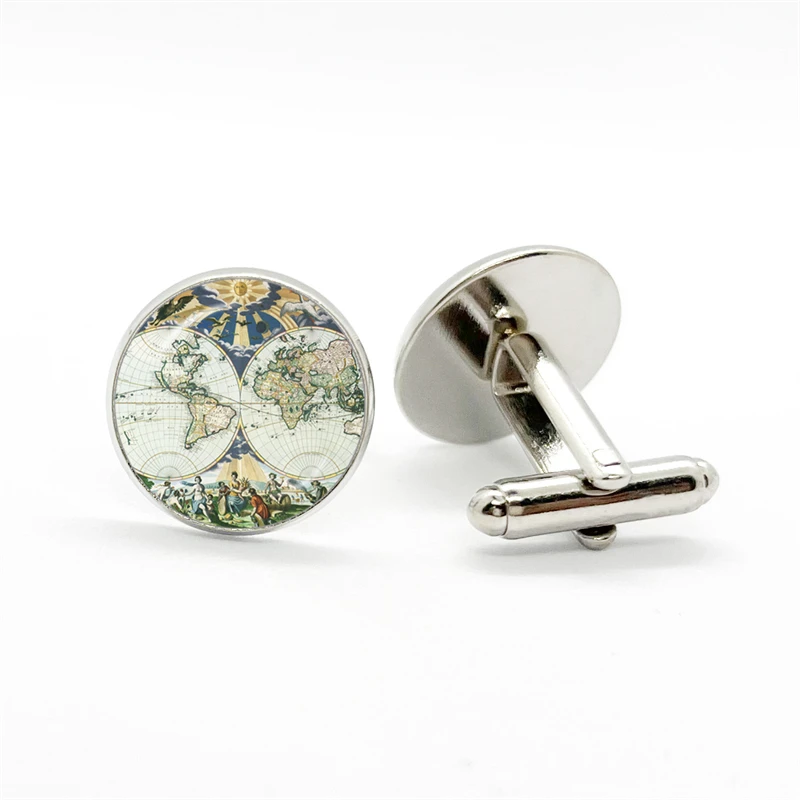 Vintage Earth World Map Cufflinks Globe Planet Art Photo Crystal Glass Dome Cabochon  Shirt Cuff Links for Men Jewelry Gift