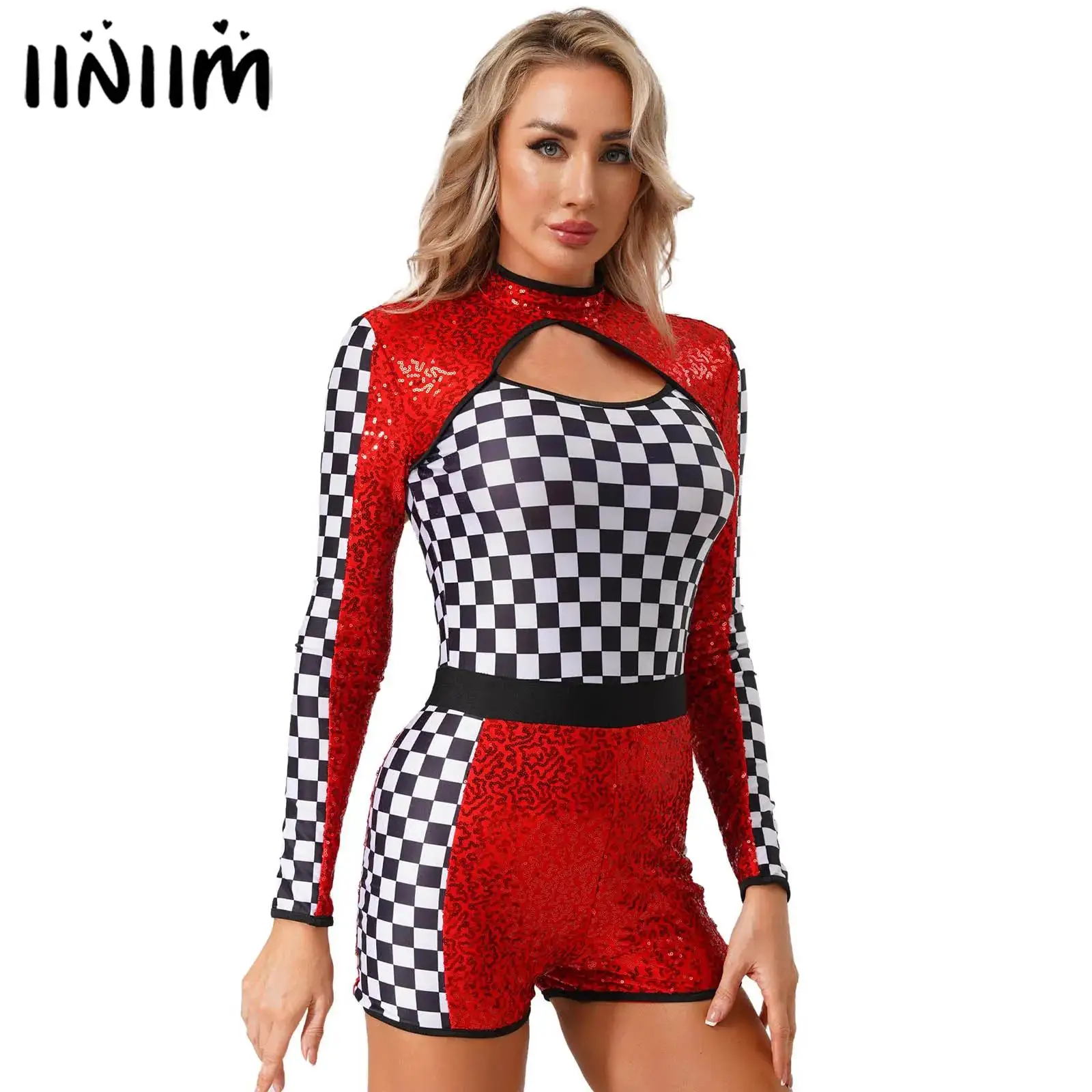 

Women Checkerboard Print Boyshorts Racing Girls Driver Jumpsuit Cutout Shiny Sequins Bodysuit Racing Driver Cosplay Costume