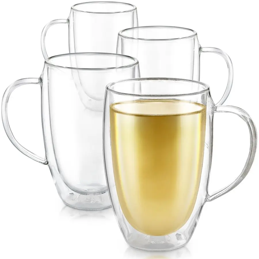 

Double Walled Mugs 12 oz 350 ml Set of 4 Insulated Glass Mugs for Tea, Coffee, and More Clear Bliss Collection