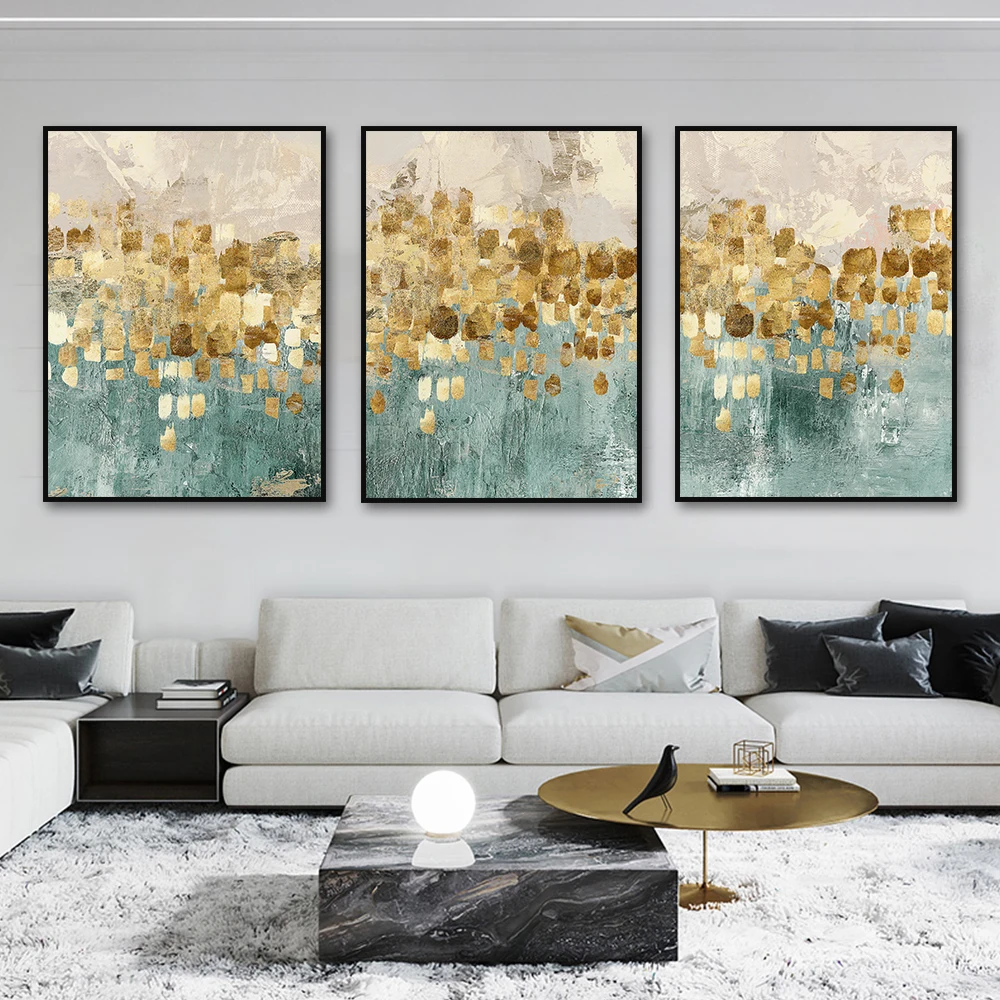 3pcs Set Abstract Green Blue Painting With Gold Foils Nordic Modern Posters And Prints Wall Art For Living Room Home Decoration