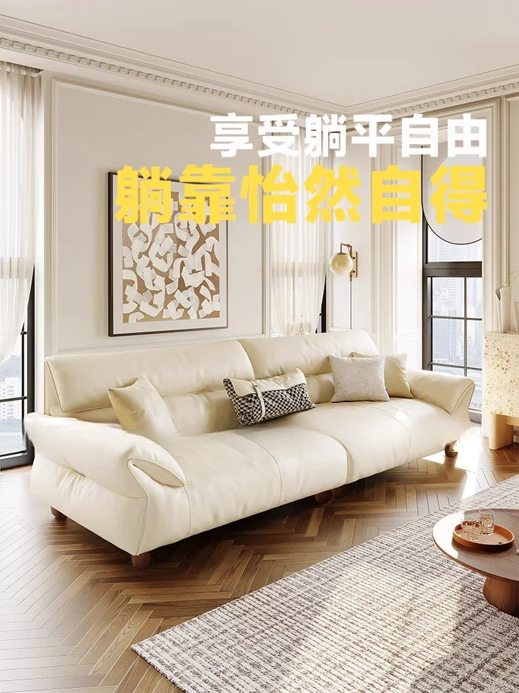 Leather sofa, simple first-layer cowhide cream wind straight row of three people