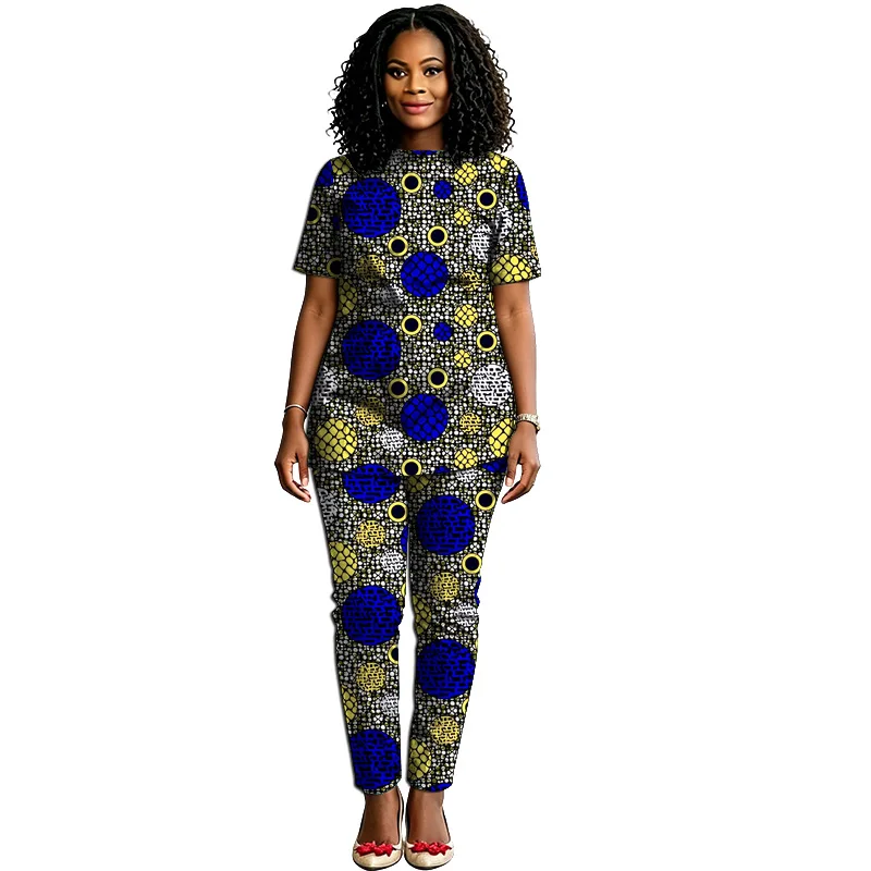 African Print Couture Women's Ankara Outfit Vintage Style Collarless Blouse+Elastic Waist Pant Summer Tops Set Customized