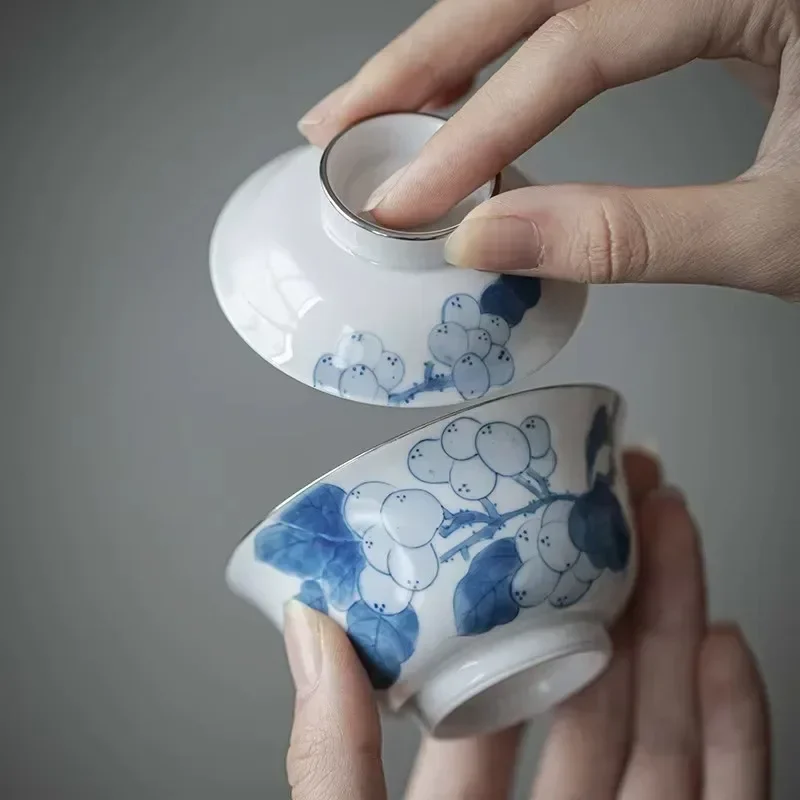 Vintage Blue White Hand Painted Loquat Gaiwan Silvering Ceramic Kung Fu Tea Set Eggshell Bowl Anti Scald