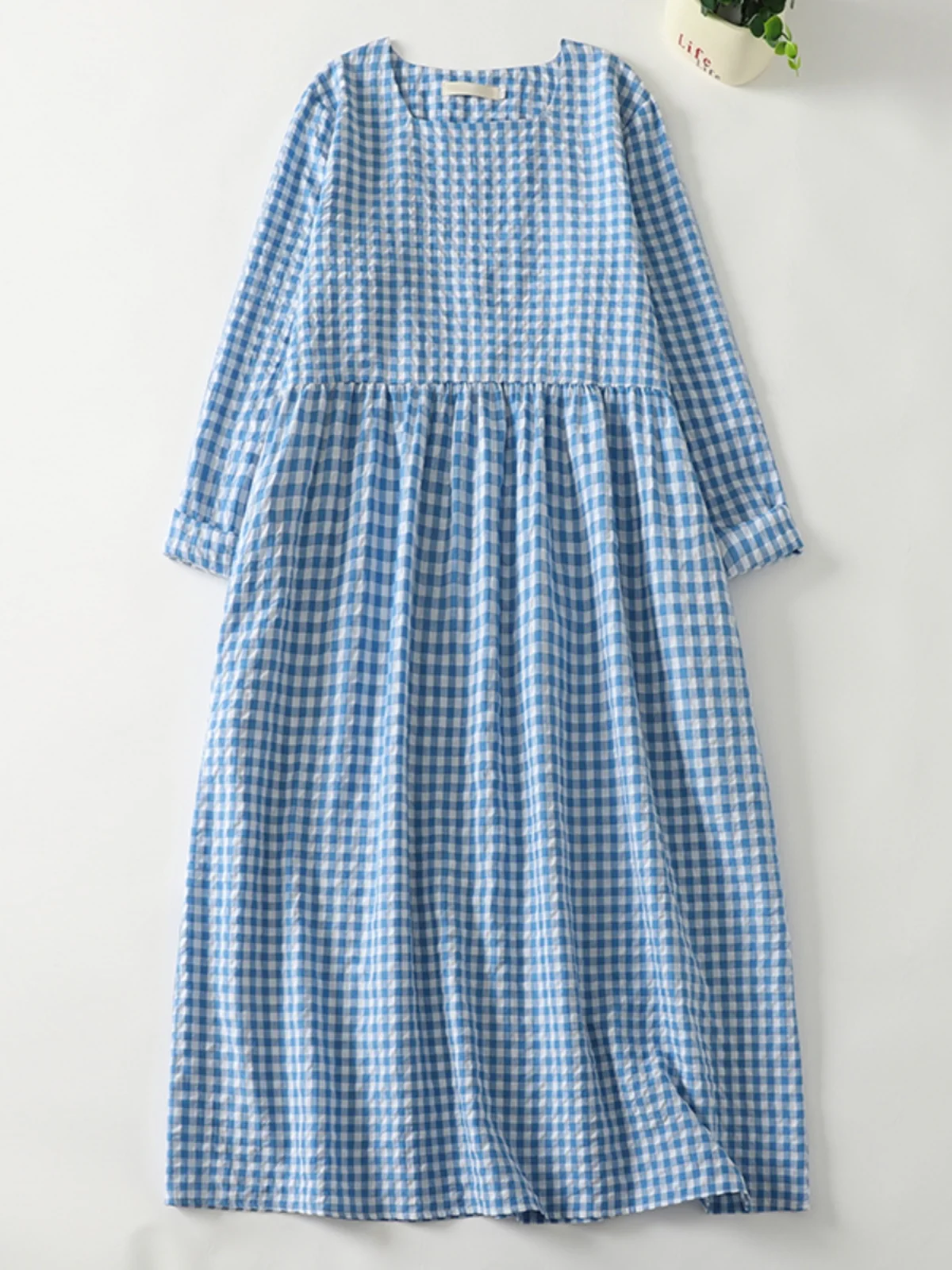 

Loose Fit Long Sve Women's Dr Vintage round Ne Plaid Maxi Dr Korean Sle Artistic Casual Spring Season A-Line Skirt