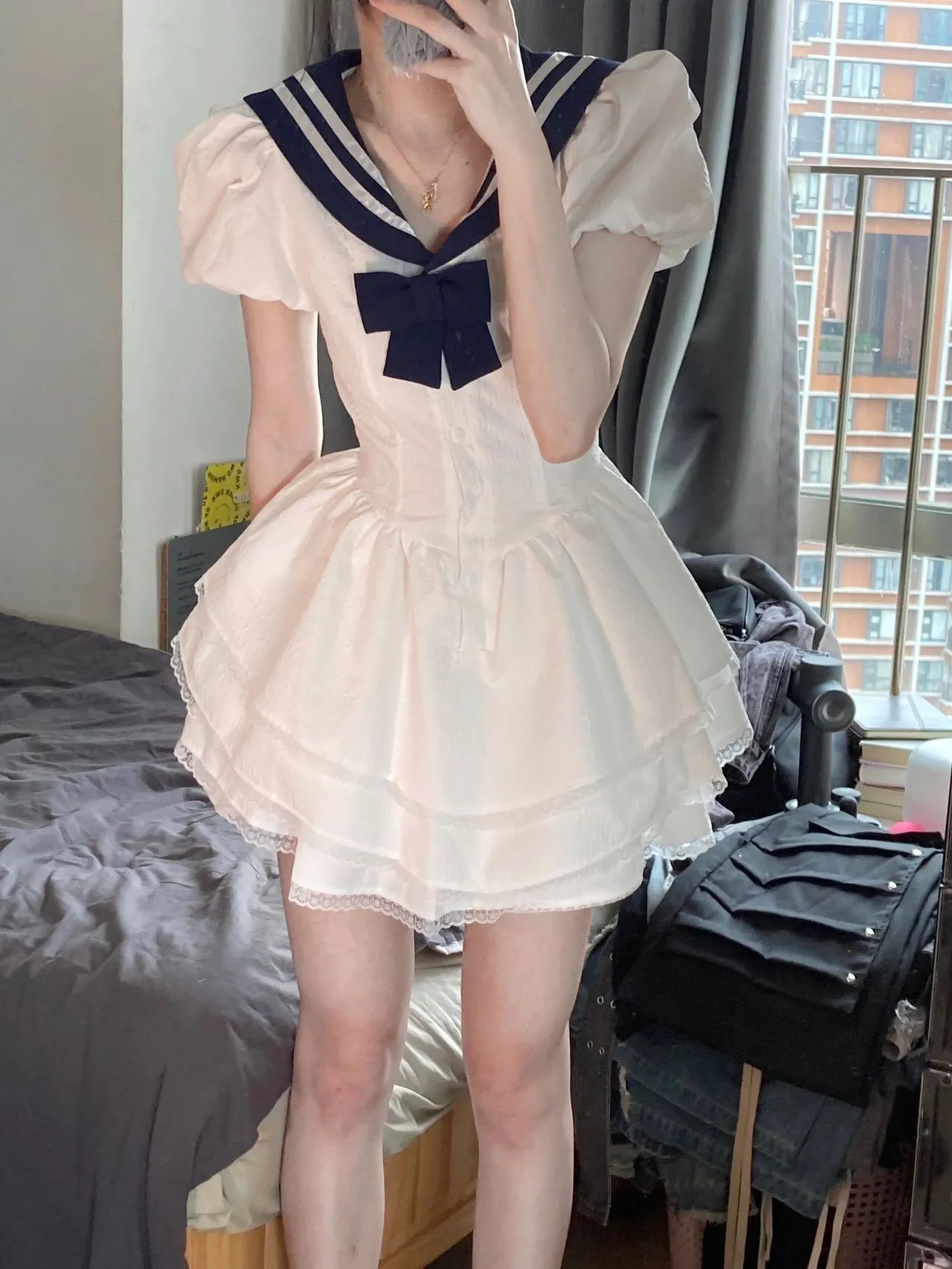 CGC Preppy Style Lolita White Dresses Navy Collar Kawaii Summer Japanese White Dresses Casual Short Sleeve Elegant Party Dress