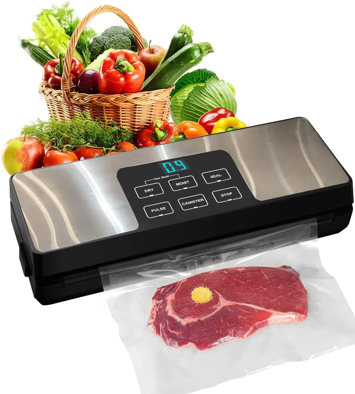 Stainless Steel  Food Vacuum Sealer Machine LED Time Display Vacuum Sealer Built In Roll Bags Vacuum Sealer