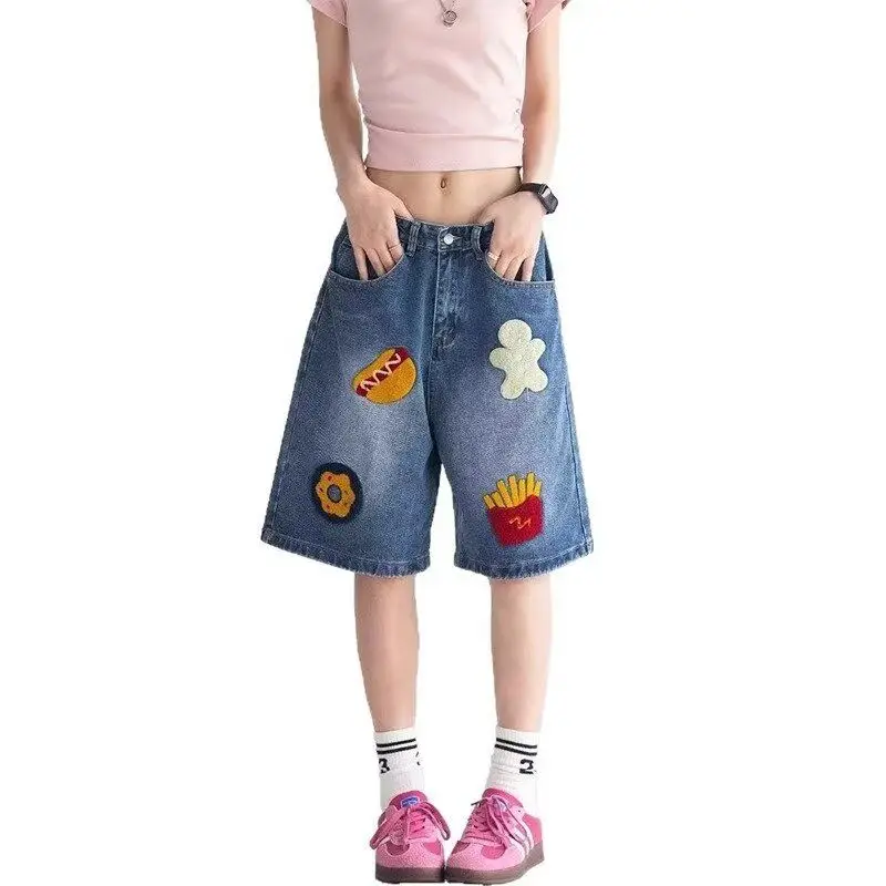 

Dopne Embroidered Denim orts Women's Spring Summer Loose Slimming Casual Straight Five-Point Pants High Waist Wide Leg