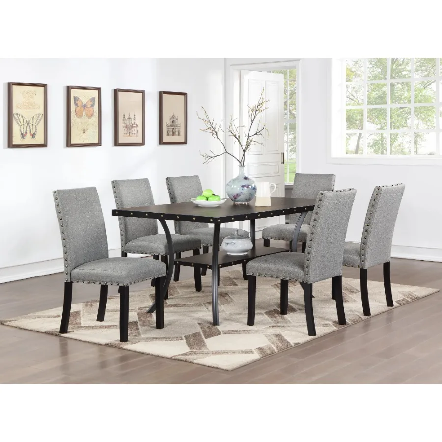 

Natural Wooden Rectangle Top Dining Table 6 Side Chairs Gray Fabric Nail Heads Trim Storage Shelf 7 Piece Dining Set