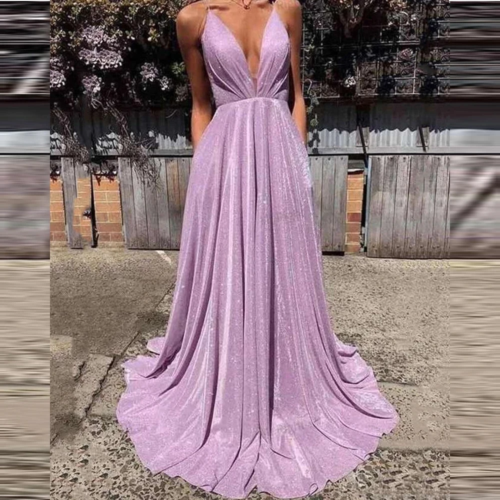 

IRIDESCENT Dark Pink V-Neck Spaghetti Straps Sparkling Graduation Criss Sexy Evening Dresses For Women Cross Back Prom Formal