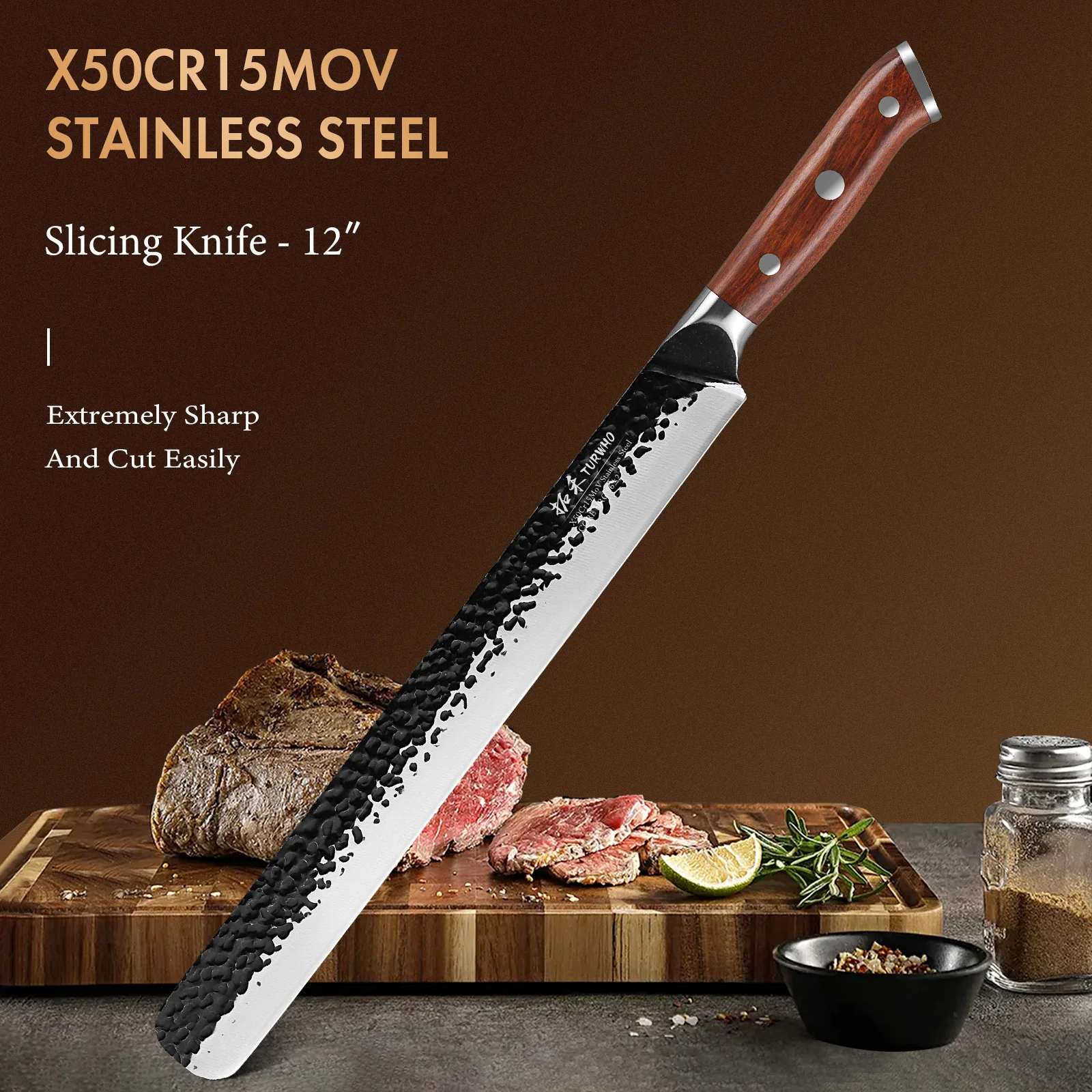 TURWHO-cuchillo japonés de acero inoxidable X50Cr15MoV, utensilio de cocina forjado a Mano para Cortar carne, pescado, jamón y pastel