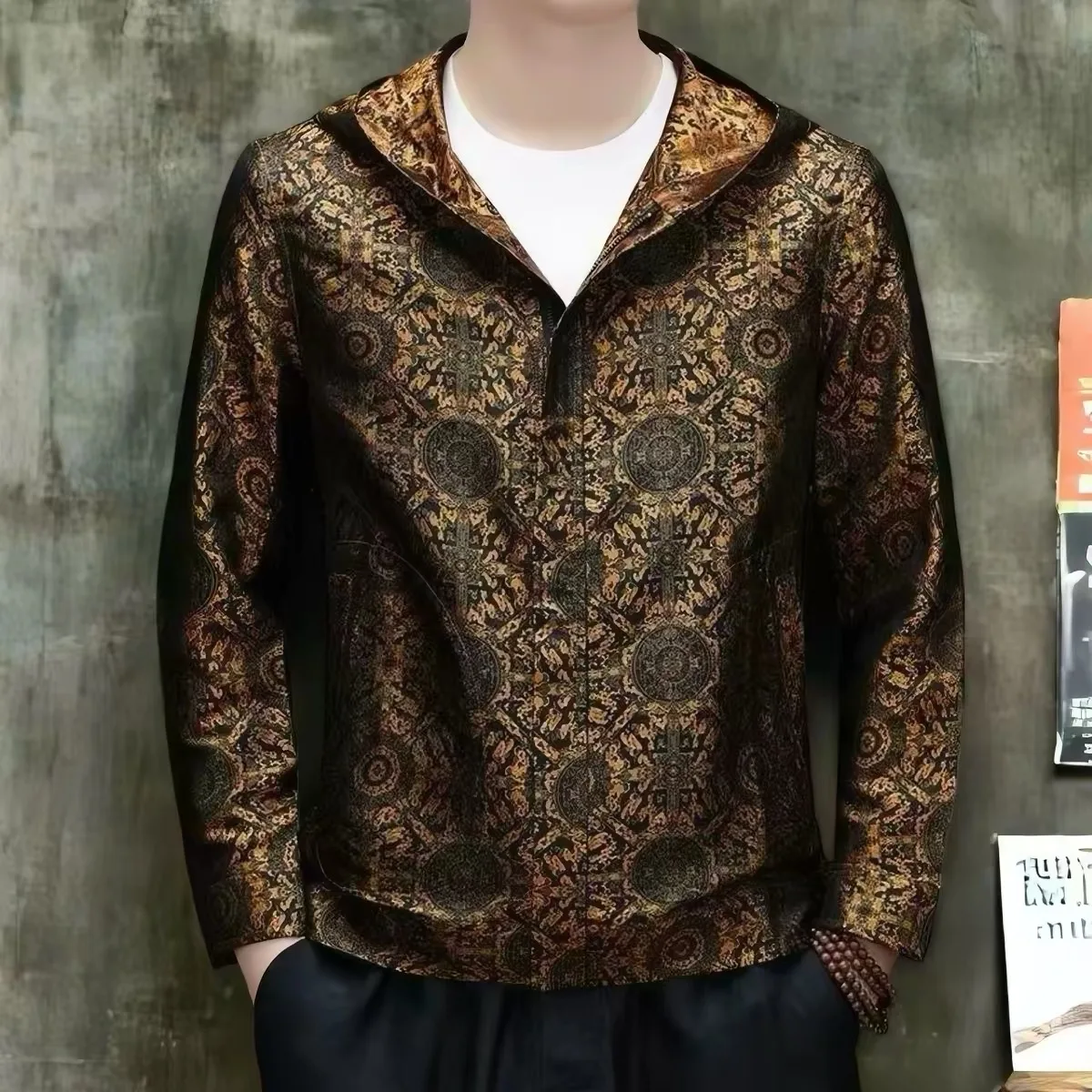 メンズ中国風ジャケットアウターカジュアル中年春秋新ファッションお父さん服長袖植物花柄