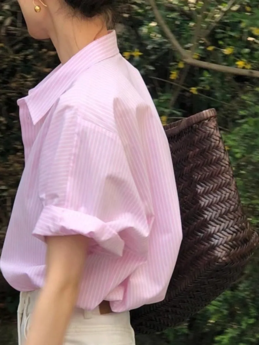 Coréen Sle coupe ample ort Sve rayé irt femmes été col mince Protection solaire haut léger respirant Blouse