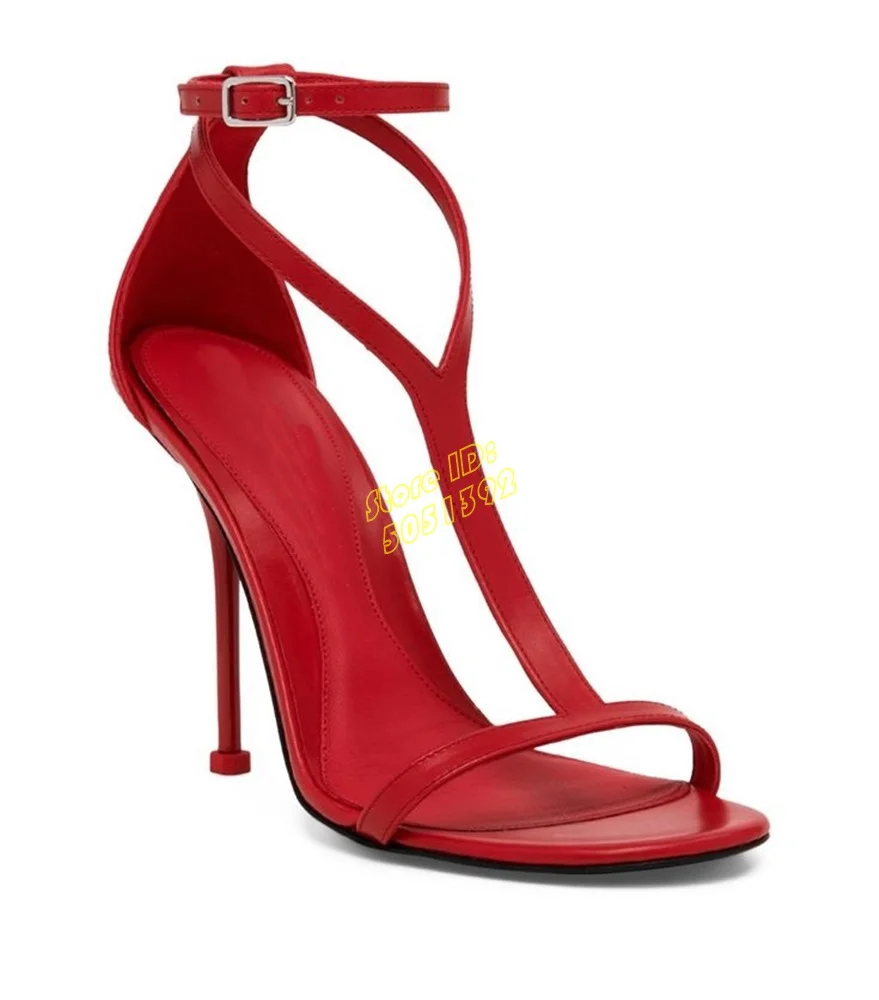 Red Leather T Strap Sandals Stiletto Thin High Heel Fashion 2024 Ankle Buckle Strap Open Toe Solid Cover Heel Runway Shoes