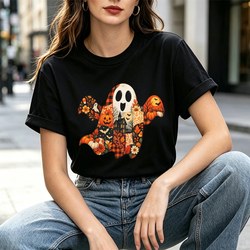 Patchwork Ghost Halloween Cotton T-Shirt Men Women Pumpkin Haunted House Graphic Tees Women Men Vintage Fall Spooky Party Tee