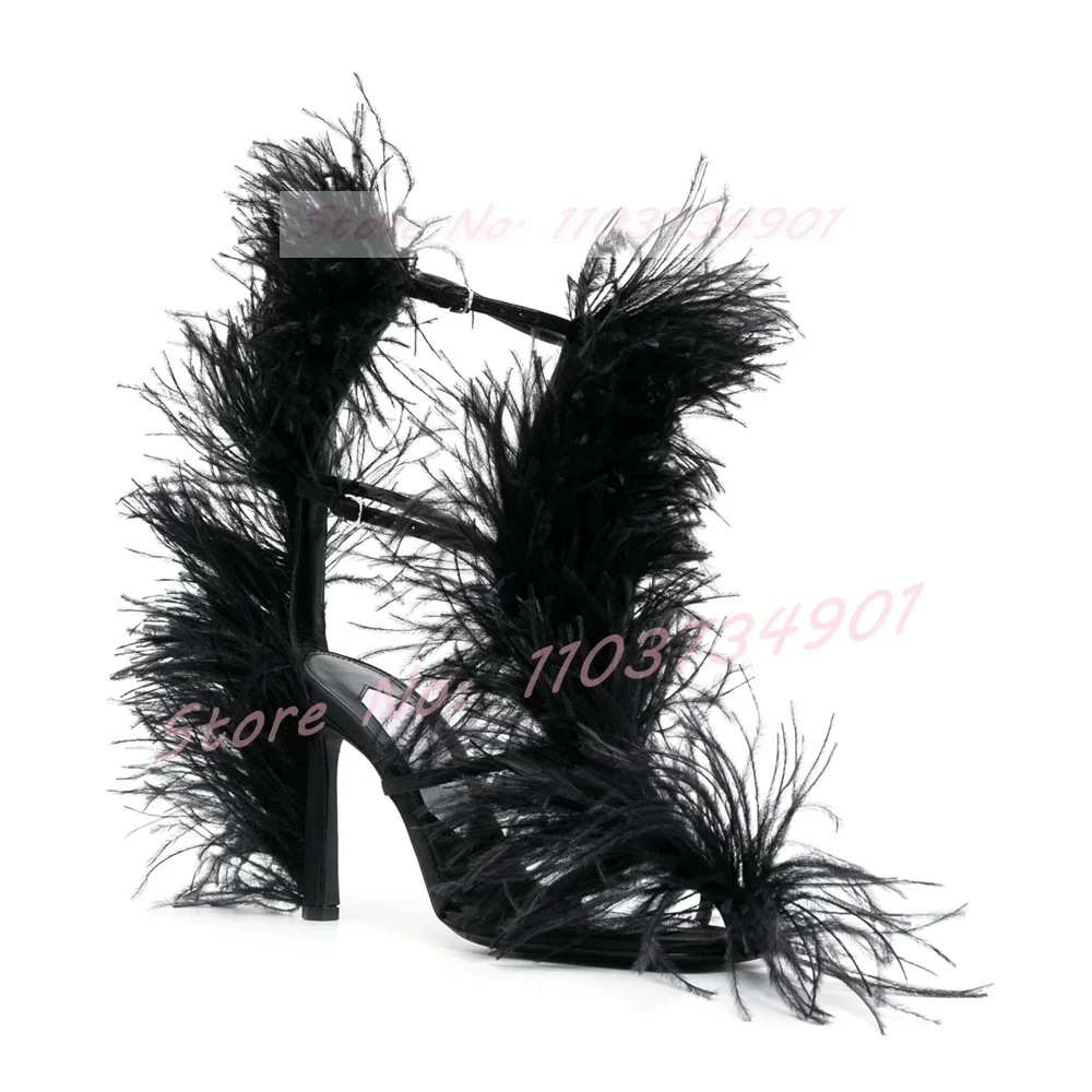 Fluffy Feather Square Toe Sandals Women Party Buckle Strap Stiletto High Heels Shoes Female Sweet Elegant Rose Red Sandals