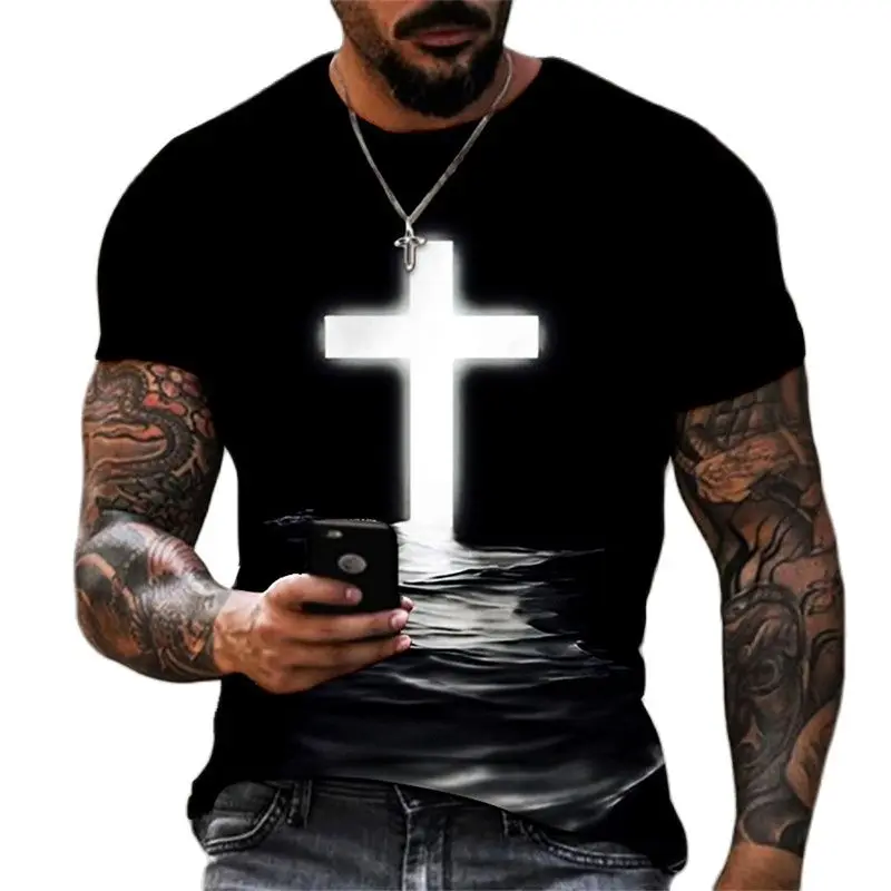 God Bless Vintage Jesus Christ T Shirt For Men 3D Print Men\'s Oversized Camiseta  Short Sleeve Top Tee