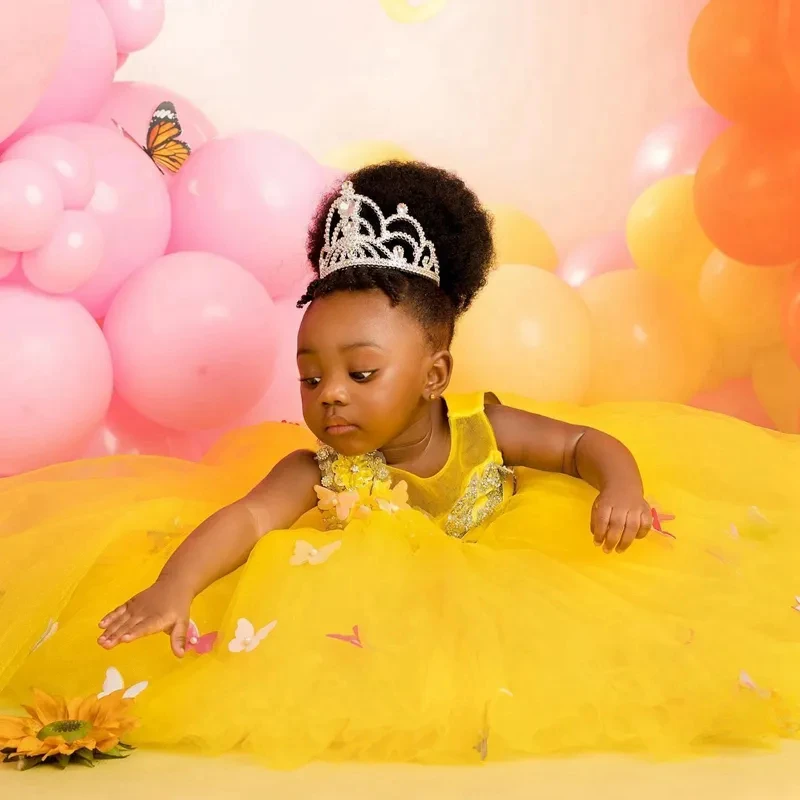 Light Yellow Flower Girl Dresses Customized Little Kids Ball Gown Jewel Appliqued Tulle Tiered Girls First Birthday Party Dress