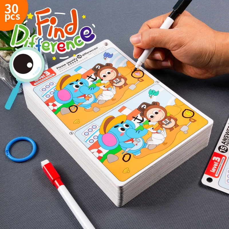 Three Sets of Find-The-Difference Games for Concentration Training, 10 Cards/Set, Interactive Fun Educational Toys for Children, Brain Teaser Puzzles, Party Favors, Erasable and Reusable