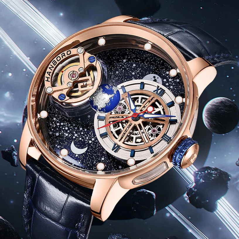 HANBORO Men Automatic Watch 44mm Mechanical Wristwatch 5ATM Rotatable Backgroud Luminous Cosmic Celestial Body Dial