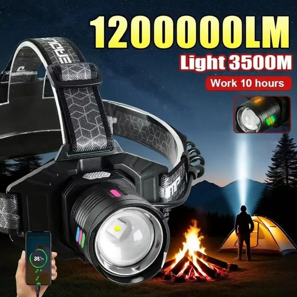 

1200000LM Most Powerful LED Headlight Long Shot 3500M Headlamp Super Bright Head Light 18650 Outdoor Camping Hiking Head Lantern