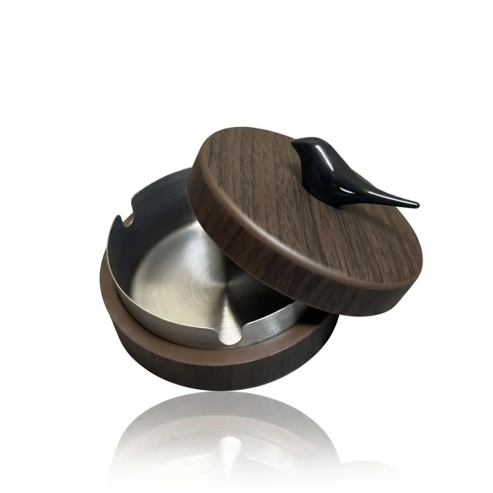 Stainless Steel Liner Bird-Shaped Ashtray Windproof Design With Lid Wood-Grain Ash Tray Wood-Grain Finish Lid Ashtray