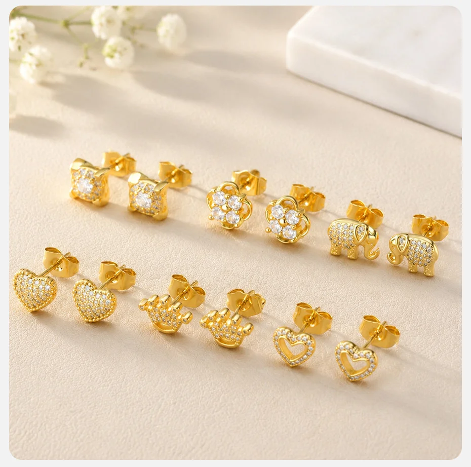 Vnox Trendige Kubische Zirkonia Elefanten-Ohrringe für Frauen 18K Vergoldete Niedliche Herz-Blumen-Ohrstecker Piercing-Ohrringe Täglicher Schmuck – Detail 10