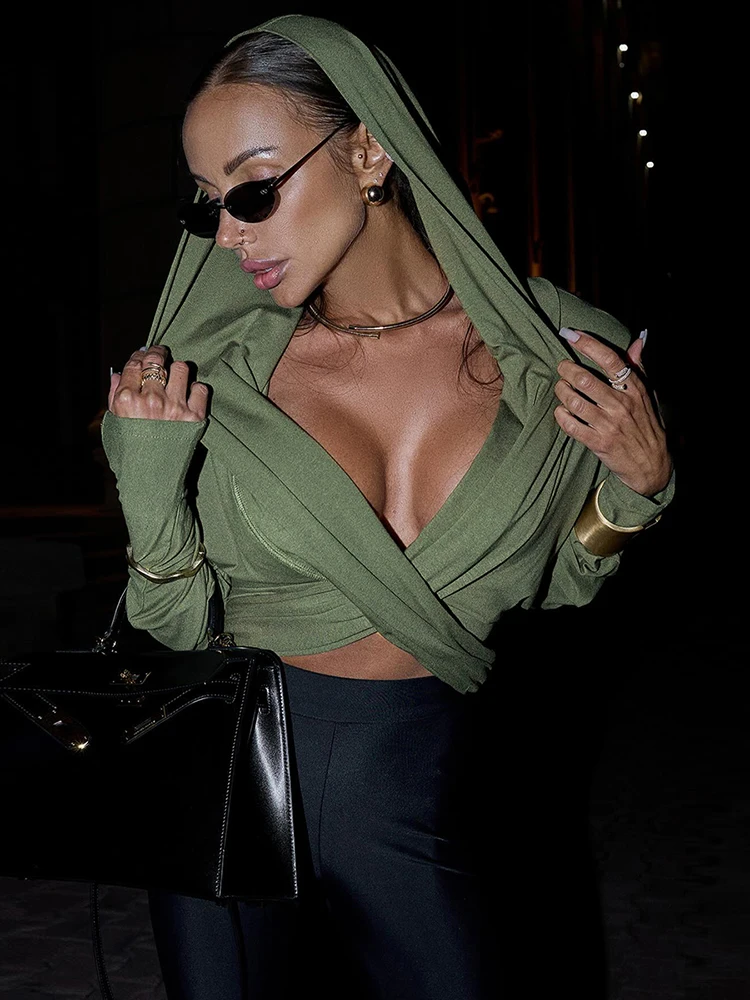 Nibber Ruched Sexy Hooded T-Shirts Woman Cross V-Neck Full Sleeve Navel Exposed Skinny Stretch Hot Girls High Street Style Tops image 3