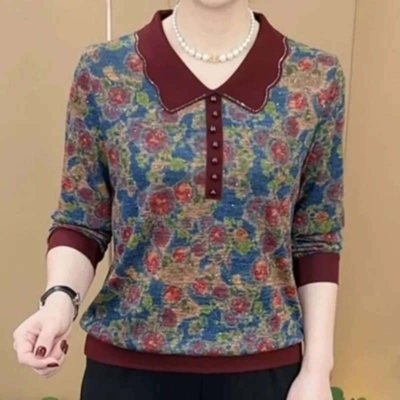 Women Floral Print Lapel Long Sleeve Top Autumn Plus Size Slim Hide Belly Casual Blouse For Mom