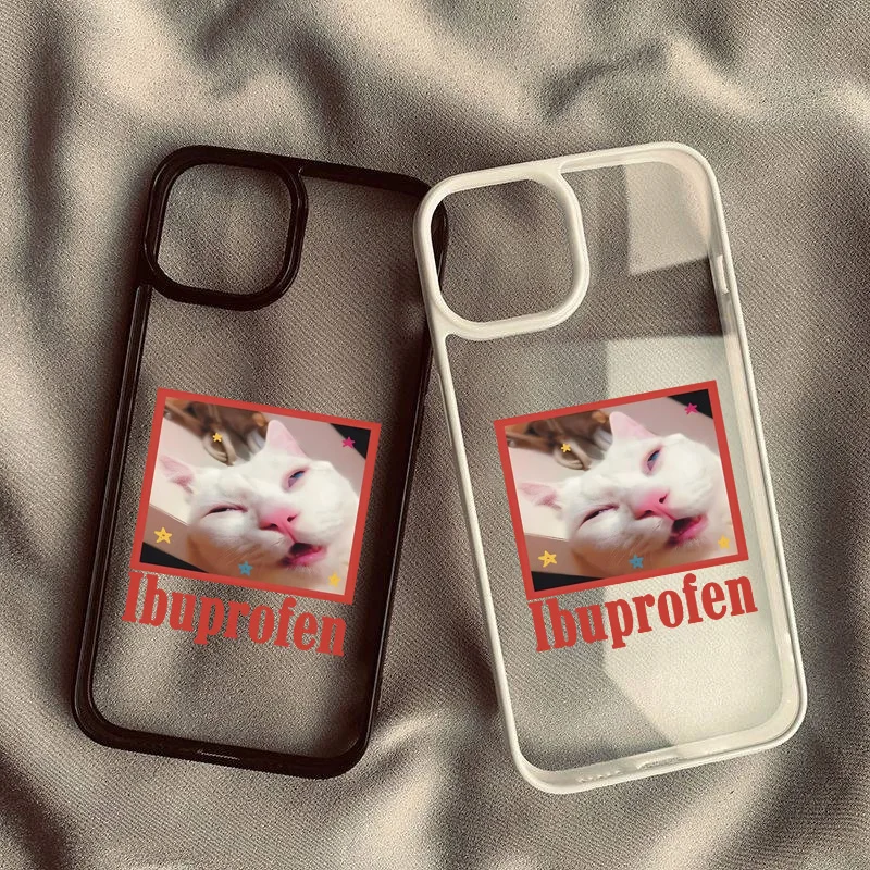 Funny Cute Ibuprofen Cat Meme Phone Case For iPhone 13 Pro Max 16 15 14 11 12Mini XR XS 7 8Plus Shockproof Clear Hard Cover Capa